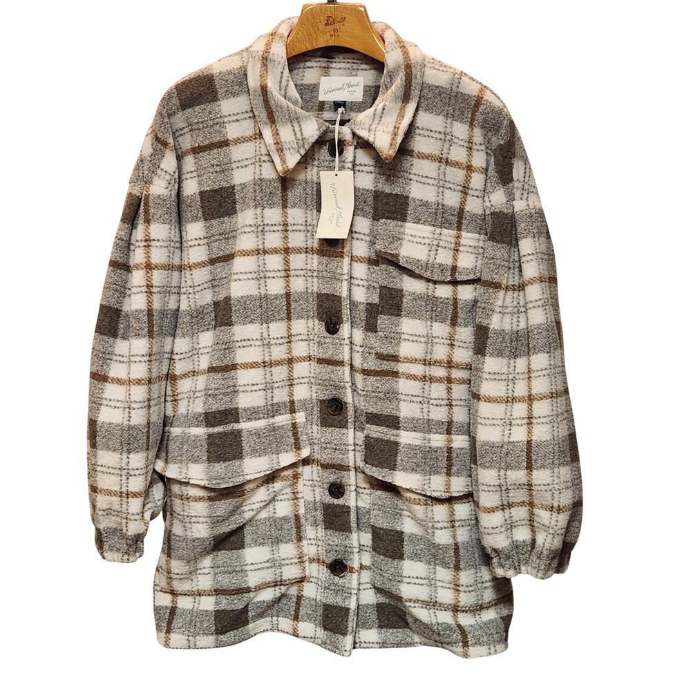 Universal Thread Plaid Shacket Button Front Fleece Jacket Tan Cream XL Outdoors